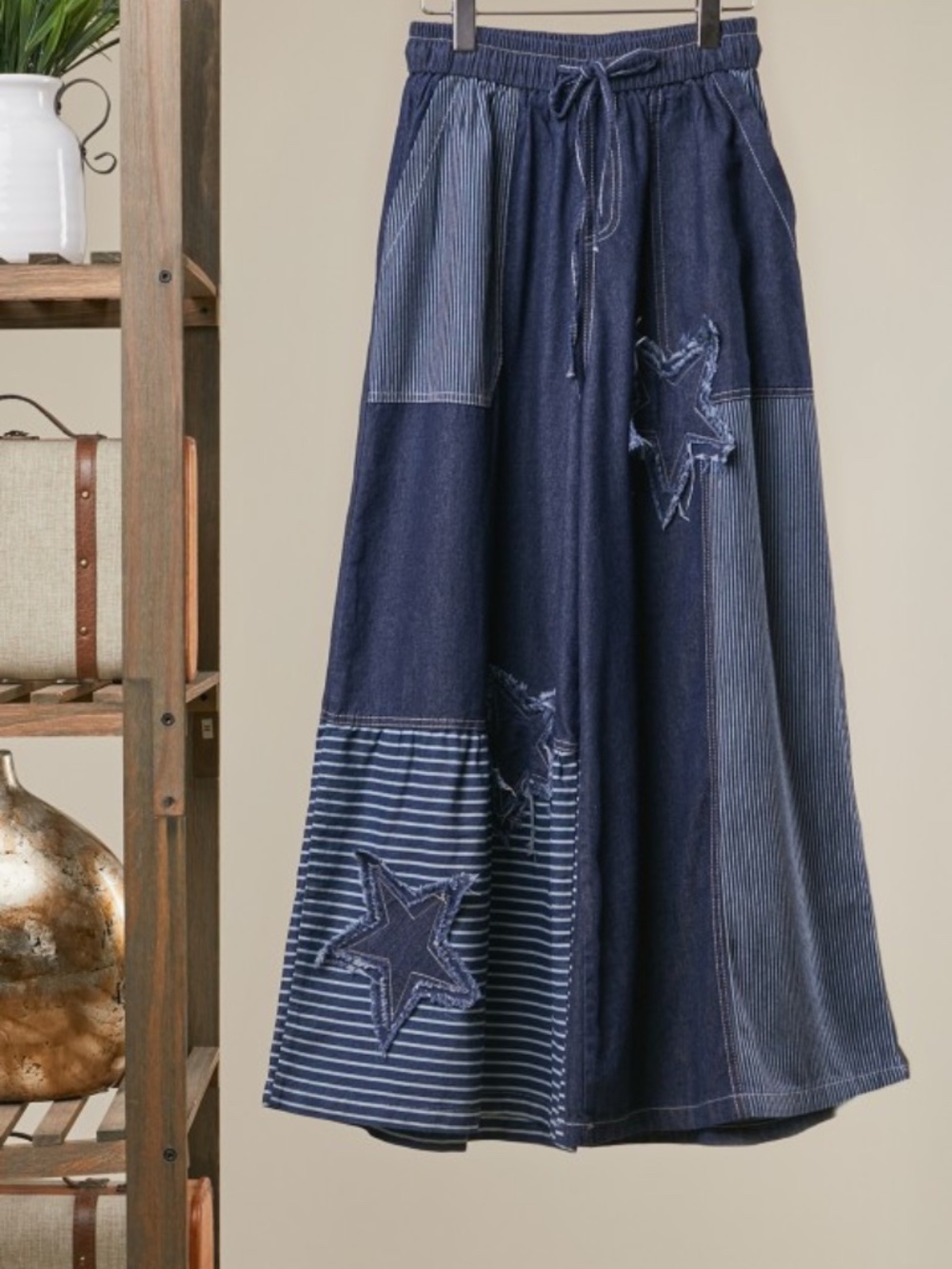 Dark Wash Striped Star Patch Wide leg Denim Pants